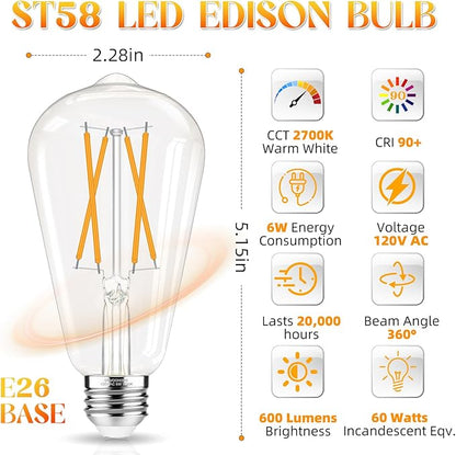 Edison Bulbs 60 watt LED Equivalent, Vintage Light Bulbs Non-Dimmable, 2700K Warm White, ST58 E26 LED Bulb, 90+ CRI, 6W 600LM, E26 Medium Base, Clear Glass, 12 Pack