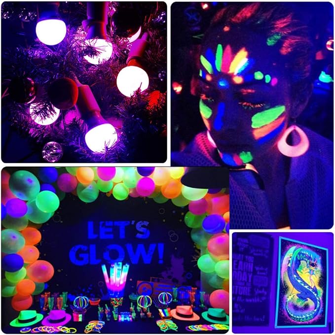 UV LED Black Light Bulbs, 9W E26 LED Blacklight Bulb, Black Lights for Glow Party, Bedroom, Black Light Fluorescent Poster, Body Paint (6 Pack)