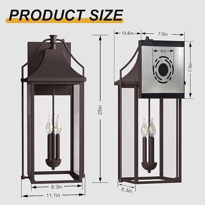 𝟐𝟓-𝐈𝐍𝐂𝐇 Dusk to Dawn Outdoor Wall Light, Large Size Waterproof Patio Lanterns, 3-Light Oil Rubbed Bronze Exterior Wall Mount Outside Sconce with Glass for House