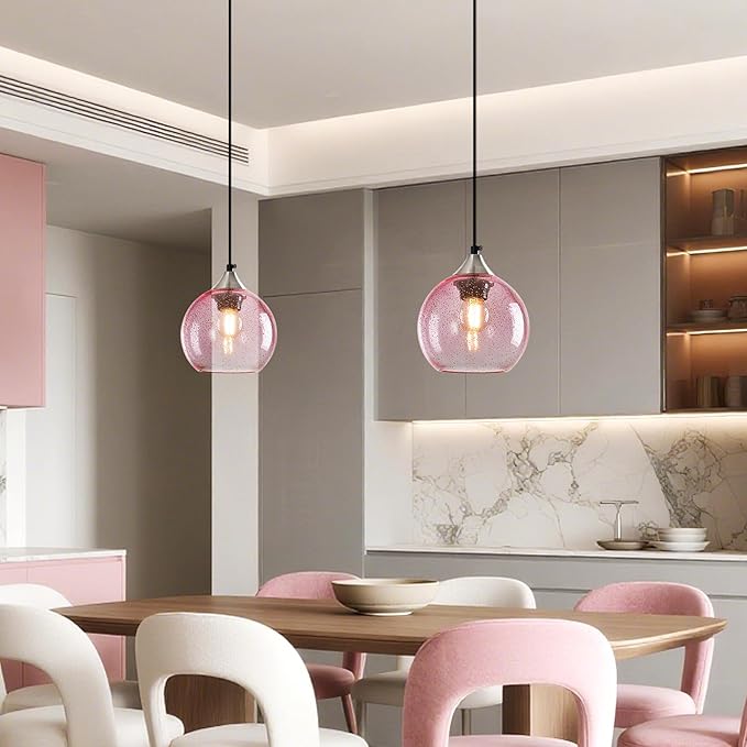Pink Glass Pendant Lights Kitchen Island Globe Pendant Light Fixtures Modern Pendant Lighting for Bedroom Living Dining Room Light Fixture (5.9 in, 2 Pack)