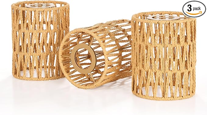 Rattan Lamp Shade Small Boho Shades Replacement 1-5/8 inch Fitter Cylinder Woven Lampshade for Floor Lamps Pendant Light Chandelier Wall Sconces Shade Ceiling Fan Light Covers 3 Pack