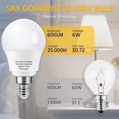E12 Dimmable 6 watt (60w Equivalent) LED Light Bulbs, G14 Ceiling Fan Light Bulbs Daylight White 5000K, Candelabra Base Globe Shape LED Bulbs, 600 Lumen, 6 Pack