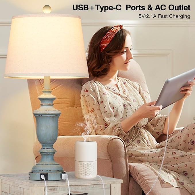 25.6" Blue Table Lamps Set of 2 with USB C+A Ports & AC Outlet for Coastal Living Room Bedroom,3-Way Dimmable Farmhouse Touch Lamp Bedside Lamps for Nightstand,Retro Blue