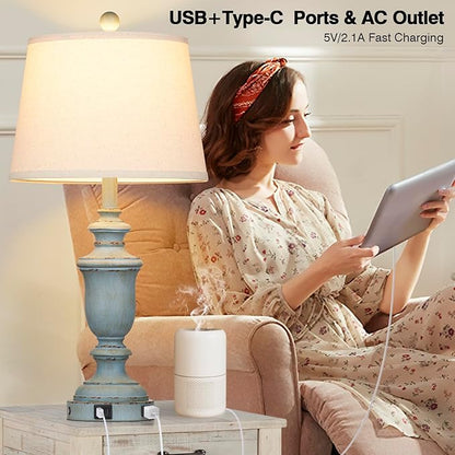 25.6" Blue Table Lamps Set of 2 with USB C+A Ports & AC Outlet for Coastal Living Room Bedroom,3-Way Dimmable Farmhouse Touch Lamp Bedside Lamps for Nightstand,Retro Blue