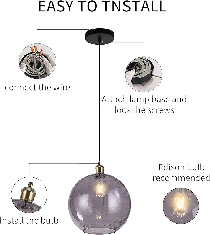 Grey Glass Pendant Lights Kitchen Island Lighting Globe Pendant Light Fixtures Modern Kitchen Island Lighting for Dining Room Bedroom -9.8inch
