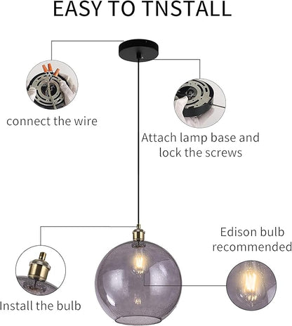 Grey Glass Pendant Lights Kitchen Island Lighting Globe Pendant Light Fixtures Modern Kitchen Island Lighting for Dining Room Bedroom -9.8inch