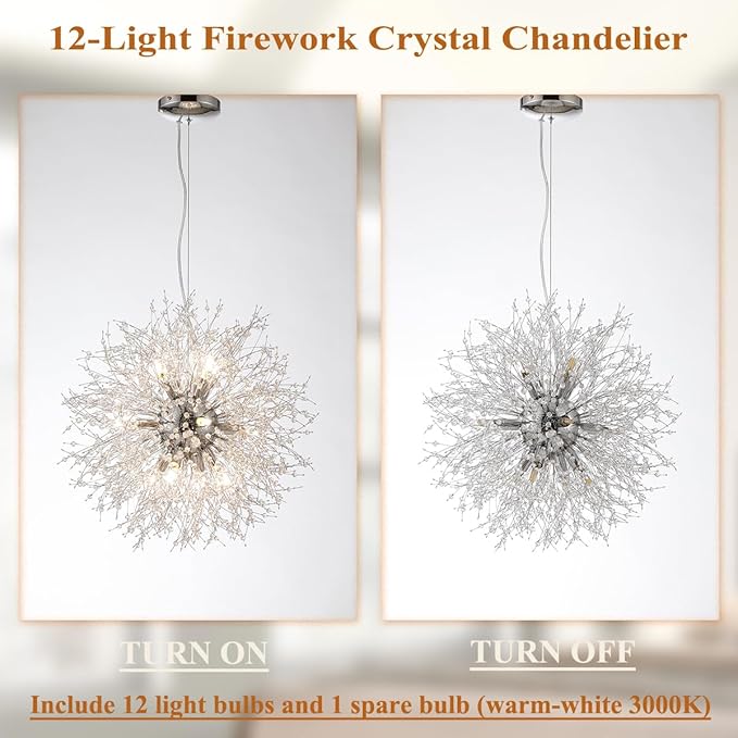 Firework Modern Chandeliers, 12 Lights Crystal Sputnik Chandeliers for Entryway, Dandelion Chandelier Chrome Ceiling Light Fixture for Hallway, Living Room
