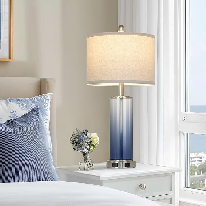 26" Coastal Blue Glass Table Lamps Set of 2, 3-Way Dimmable Touch Control Bedside Lamp with USB C+A Ports & AC Outlet, Modern Lamps for Living Room End Table, Nautical Bedroom Lamps for Nightstand