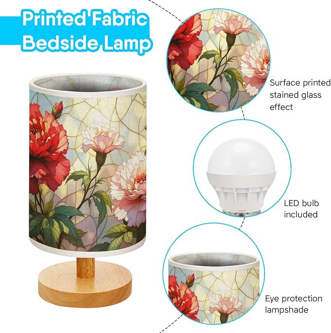 Carnation Table Lamp LED 3-Color Pressed Bedside, Carnation Shade Lamp with Wood Base for Bedroom Living Room Desk Office
