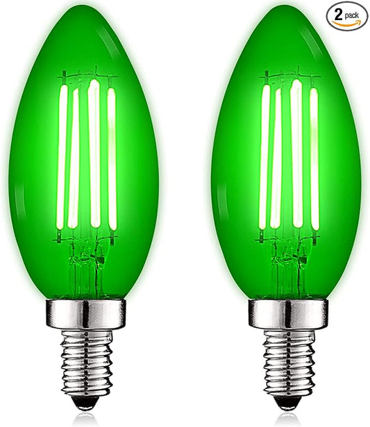 LUXRITE E12 LED Filament Green Light Bulb, 4.5W (40W Equivalent), Colored Glass Candelabra Bulb, UL Listed, E12 Base, Indoor Outdoor, Porch, Decoration, Party, Holiday, Event, Home Lighting (2 Pack)