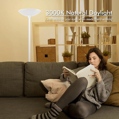 30W Torchiere Floor Lamp - 3600LM Super Bright LED Floor Lamp, 71 Inch Stepless Dimmable Standing Lamp with 3000K Lighting, Rotary Switch, Tall Metal Torch Floor lamps for Living Room/Bedroom (White)