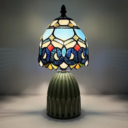 Tiffany Lamp Stained Glass Mushroom Table Lamps 6X6X12.5 Inch Blue Jewelry Baroque Style Small Night Light Ceramic Base Mini Accent Desk Light Suitable for Bedside Table Bedroom Children Room