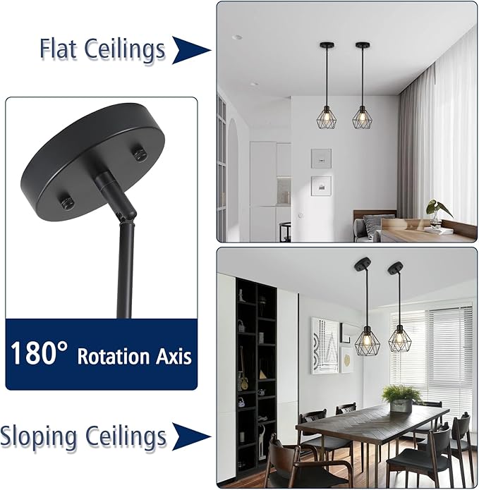 2 Pack Black Pendant Lights Kitchen Island, Modern Farmhouse Hanging Light Fixture with Metal Cage Shade, Industrial Pendant Light for Kitchen Dining Area Entryway, Adjustable Height