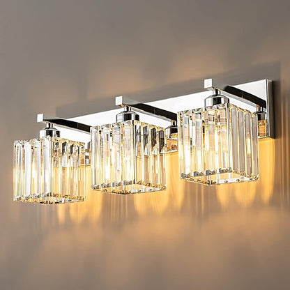 Modern Bathroom Vanity Light 3-Lights Chrome Crystal Bathroom Wall Light Vanity Light Fixtures，20.47-inch Modern Minimalist Design