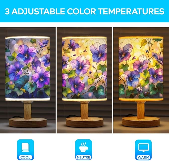 Violet Table Lamp LED 3-Color Pressed Bedside, Violet Shade Lamp with Wood Base for Bedroom Living Room Desk Office