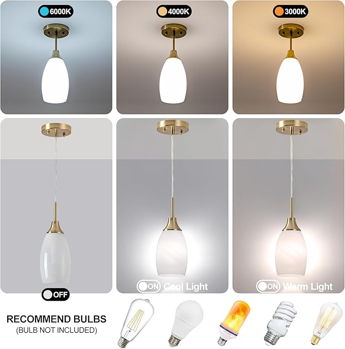 Mini Glass Pendant Light 3-Pack Handblown Art White Swirl Oval Hanging Pendant Lamp 4.72" Glass Chandelier for Kitchen Island Dining Room Living Foyer Hallway Entry Brushed Gold Finish
