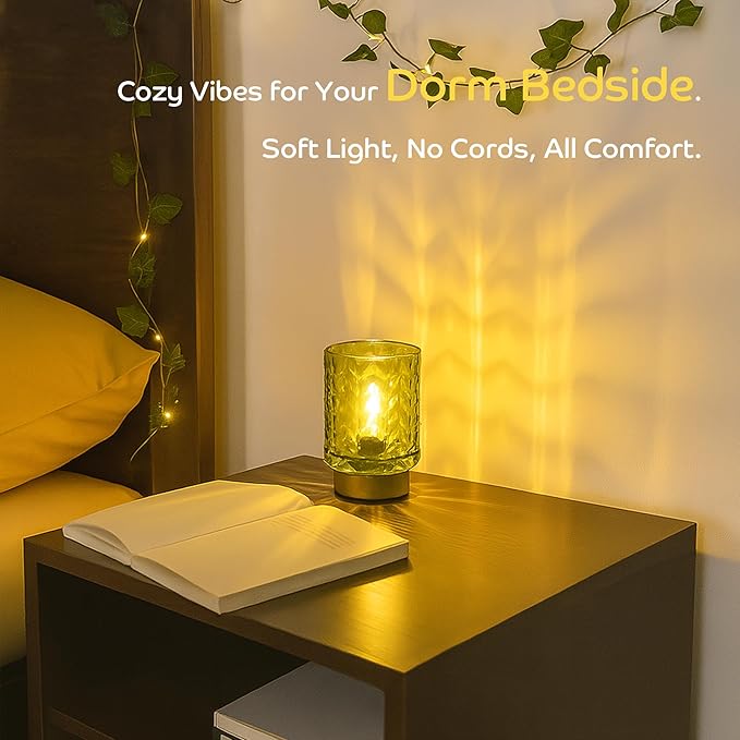 Battery Operated Lamp Cozy Bedside Ambience, Small Vintage Cordless Table Lamp for Shelf Office Desk, Glass Decorative Accent Lamp for Living Room/Entryway/Dorm Wave Design-Green