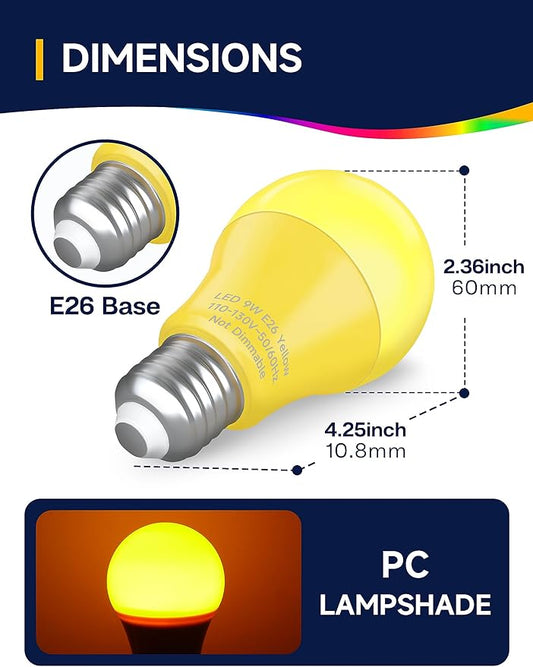 UNILAMP Yellow LED Bug Light Bulbs, A19 Outdoor Yellow Bug Light Bulb, 9W Equivalent 60W, Yellow Bug Light Bulbs for Outside, E26 Base for Porch, Holiday Party Decoration, Non-Dimmable, 4 Pack