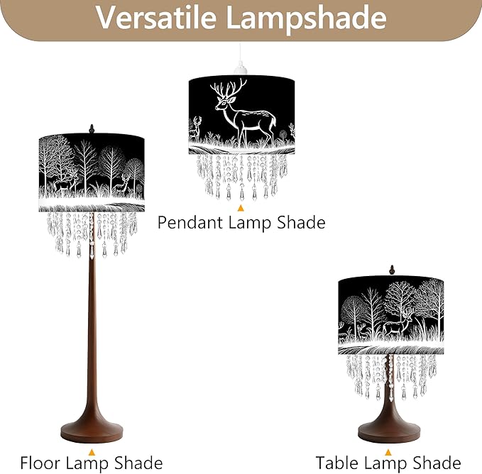 Deer & Forest Lamp Shade Acrylic Bead Droplets, Black Drum Fabric Light Shade for Ceiling Pendant Table & Floor Lamps, Decor & Gift for Wild Animal Nature Lover, 11.8in
