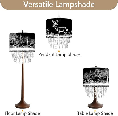 Deer & Forest Lamp Shade Acrylic Bead Droplets, Black Drum Fabric Light Shade for Ceiling Pendant Table & Floor Lamps, Decor & Gift for Wild Animal Nature Lover, 11.8in