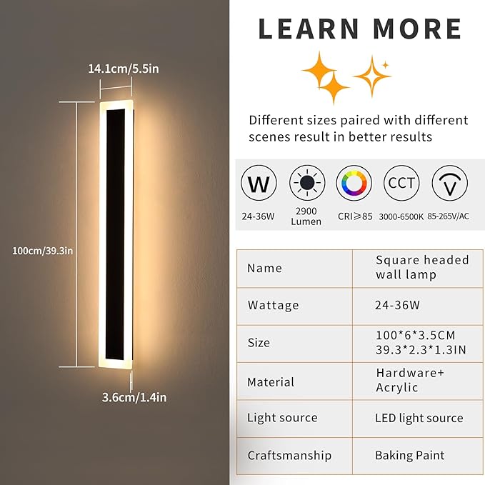 Mikeru Upgraded Widened 2pack 39.3inch Long led Wall Light Fixtures, 10%-100% Dimmable Outdoor Wall Lights Exterior Front Porch Light 3000-6000k Outdoor Light Fixtures Wall Mount for Basement, Garage