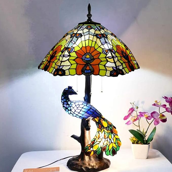 Large Tiffany Table Lamp 18" Wide Handmade Stained Glass Lamp Shade 3 Light Peacock Style Vintage Desk Light for Living Room Bedroom Bedside Reading Light,Peacock