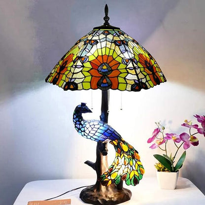 Large Tiffany Table Lamp 18" Wide Handmade Stained Glass Lamp Shade 3 Light Peacock Style Vintage Desk Light for Living Room Bedroom Bedside Reading Light,Peacock