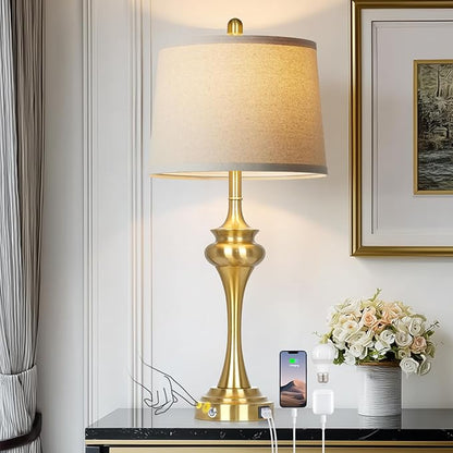 30 Inch Single Table Lamp for Bedside, 3-Way Touch Control Bedroom Table Lamp with USB A+C Ports, Tall Living Room Lamps for End Table, Modern Brass Lamps for Nightstand Desk Office, Gold