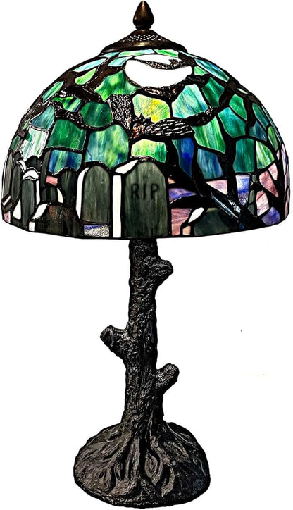Bieye L10971 Tiffany-Style Stained Glass Table Lamp - Gothic Graveyard Scene with Bats, Full Moon, and Tombstone Design (Dark Green, 12Wx21H inch)