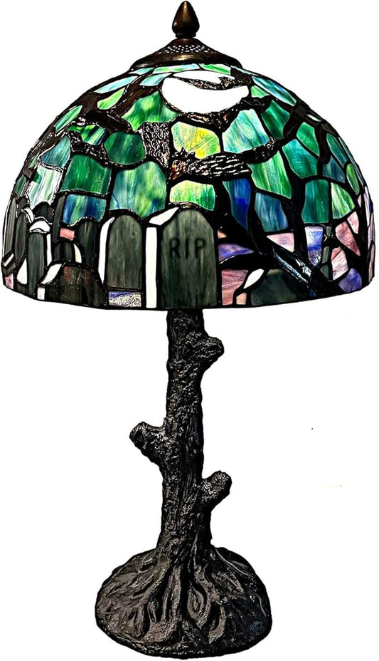 Bieye L10971 Tiffany-Style Stained Glass Table Lamp - Gothic Graveyard Scene with Bats, Full Moon, and Tombstone Design (Dark Green, 12Wx21H inch)