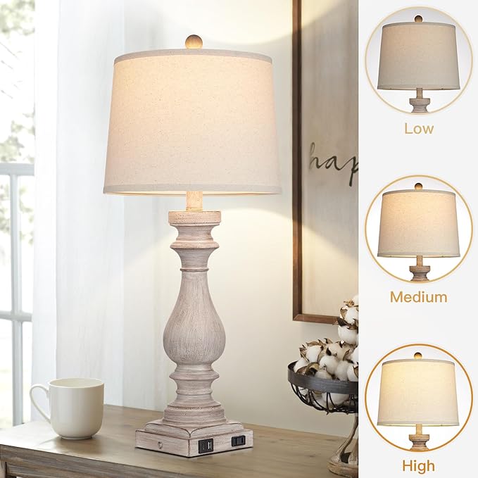29" Farmhouse Table Lamp for Living Room Set of 2,Vintage Bedside Lamps with USB C+A Ports & AC Outlet,3-Way Dimmable Touch Control Gray Washed Finish Nightstand for Bedroom,Gray