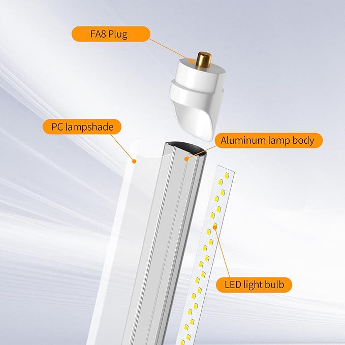 8Ft Led Bulbs, 48W 6500lm 5000K(12 Pack), 8 Foot Led Bulbs, T8 T12 Led Replacement Lights, FA8 Single Pin Clear Cover, Replace F96t12 Fluorescent Light Bulb