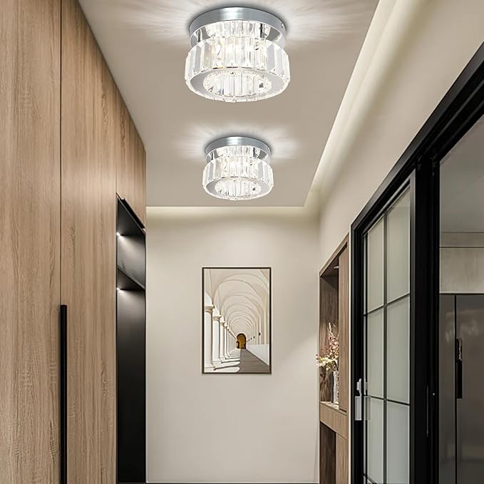 CLAIRDAI Flush Mount Ceiling Light Fixture LED Mini Chandeliers with Crystals Hallway Light Mini Modern Crystal Chandeliers Bedroom Chandelier for Bathroom Kitchen Office(Dimmable)