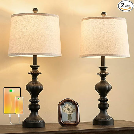 27.5" Farmhouse Table Lamps Set of 2 Bedside Nightstand Lamp with USB C+A Ports & AC Outlet, 3 Way Dimmable Lamps for Bedroom Living Room Office Rustic Lamp (Rotary Switch-Black)