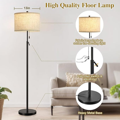 GyroVu Black Floor Lamp, Height Adjustable Standing Lamp Tall Lamp with Fabric Lampshade&Pull Chain Corner Floor Lamps for Living Room, Bedroom & Office Bulbs Not Included(Black Base)