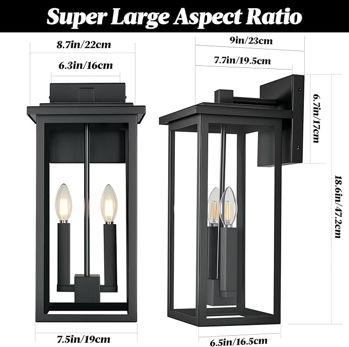 Large Outdoor Porch Light Outdoor Wall Lantern Sconce Black Exterior Light Fixtures Waterproof Outside Lights For House,Garage,Carriage Lights Exterior Porch With Thick Clear Glass, E12 Socket