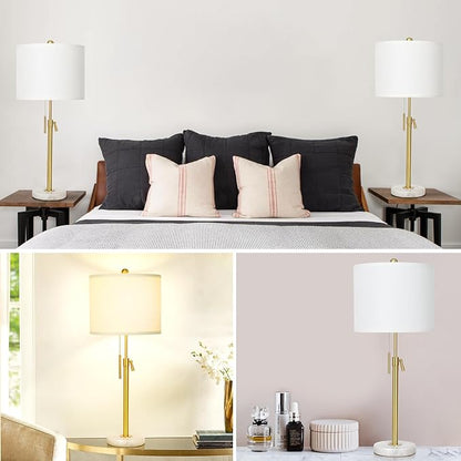 Table Lamps for Bedrooms Set of 2, 22" to 30" Height Adjustable Nightstand Lamps with Linen Shade, Pull Chain Switch Lamps for Living Room, 3 Way Dimmable Beside Lamp