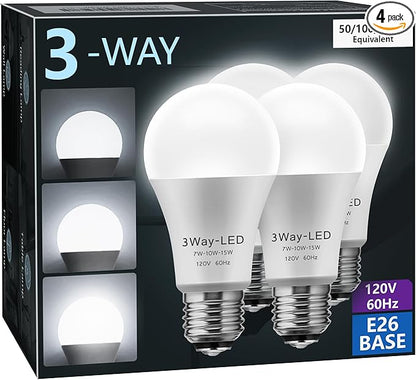 Briignite LED Light Bulbs, 3 Way LED Light Bulbs 50 100 150W Equivalent, Three Way A19 Light Bulbs E26 Medium Base, Daylight White 5000K, 500lm-1000lm-1500lm, 4Pack