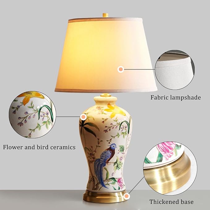 PURESILKS White Ceramics Table Lamp 25.5" Chinoiserie Lamp Flower and Bird Table Lamp American Handmade Beige Linen Drum Shade Decor for Living Room Bedroom
