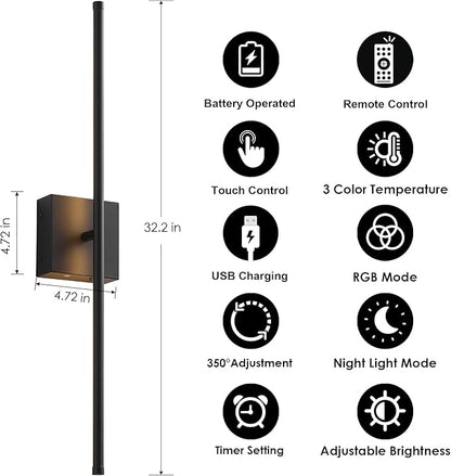 32.2 Inch 9 RGB Color Battery Operated Wireless Wall Sconces Set of Two, with Remote, Dimmable, Warm/Natural White/Daylight, Rotatable, LED Wall Light for Living Room, Bedroom, Black