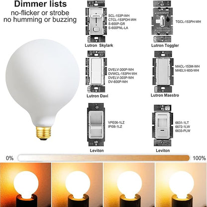 Leools Globe Light Bulbs 60 Watt Replacement for Decorative,Matt White,E26 Dimmable Warm White Large G40(G125) 6Watt(60Watt Equivalent) LED Bulb,CRI95,2700K,1Pack
