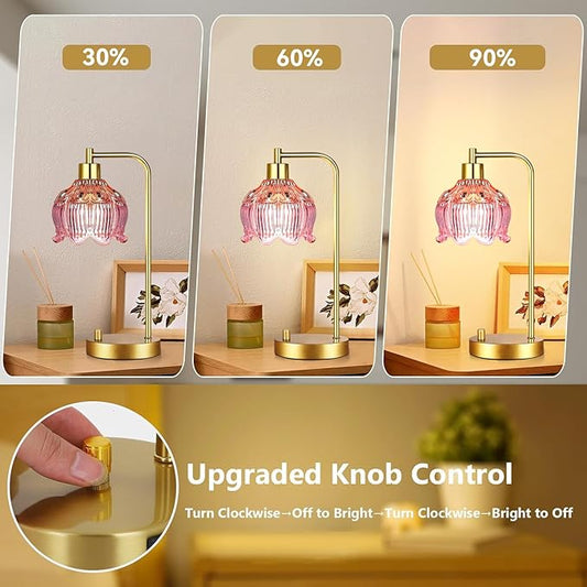 Pink Table Lamp Set of 2,Small Gold Bedside Lamps Dimmable Boho Bedroom Lamp with Flower Glass Lamp Shade,Vintage Mid Century Modern Mini Nightstand Lamp for Girls Kids Bedroom Living Room