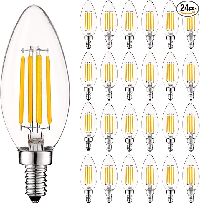 LUXRITE Vintage Candelabra LED Bulb 60W Equivalent, 550 Lumens, 2700K Warm White, LED Chandelier Light Bulbs 5W, Dimmable, Clear Glass, Filament LED Candle Bulbs, UL Listed, E12 Base (24 Pack)