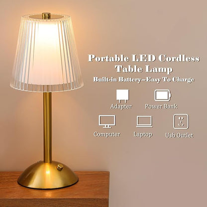 Liliful 2 Pcs Cordless Table Lamp Rechargeable Touch LED Small Gold Portable Battery Operated USB-c Desk Lamp 3 Color Dimmable for Bedroom Living Room Dining (Gold,Hollow Lined Style)