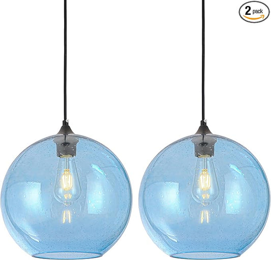 Blue Glass Pendant Lights Kitchen Island Lighting Modern Globe Pendant Light Fixtures Modern Pendant Lights for Kitchen Island Bedroom Living Dining Room Light Fixture-11.8in 2Pack