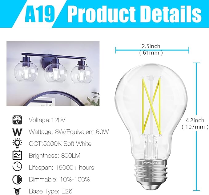 DAYBETTER 24 Pack A19 Vintage LED Edison Bulbs, 60W Equivalent Dimmable LED Bulbs, High Brightness 5000K Daylight, 800 Lumens, 8W E26 Standard Base, Ultra-Bright, CRI80+, Clear Glass Filament Bulb