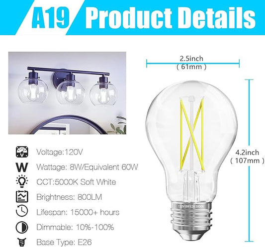 DAYBETTER 6 Pack A19 Vintage LED Edison Bulbs, 60W Equivalent Dimmable LED Bulbs, High Brightness 5000K Daylight, 800 Lumens, 8W E26 Standard Base, Ultra-Bright, CRI80+, Clear Glass Filament Bulb