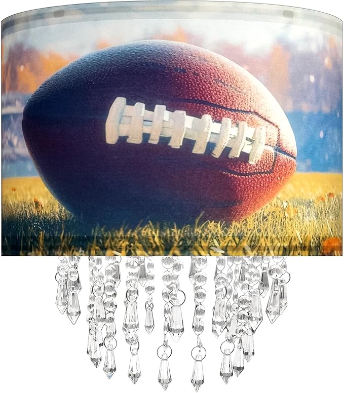 American Football & Helmet Lamp Shade with Acrylic Bead Droplets, Sport Theme Fabric Light Shade for Pendant Table & Floor Lamp, Kid Boy Teen Room Party Decor, 11.8in