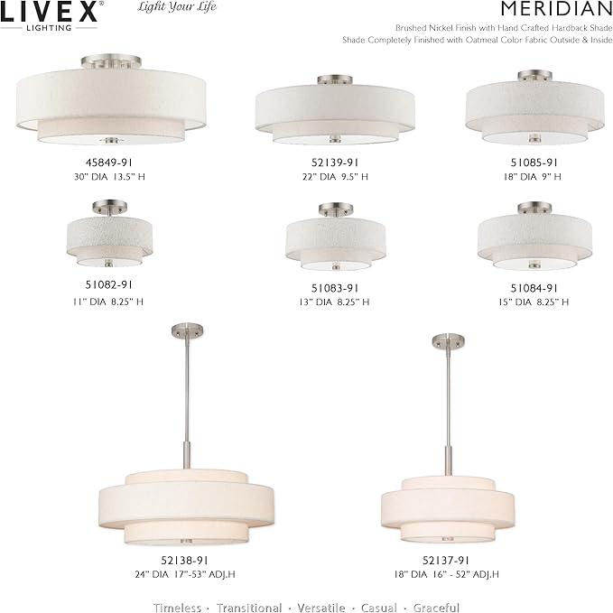 Livex Lighting Fabric Shade 52138-91 Meridian 5 Light Brushed Nickel Pendant