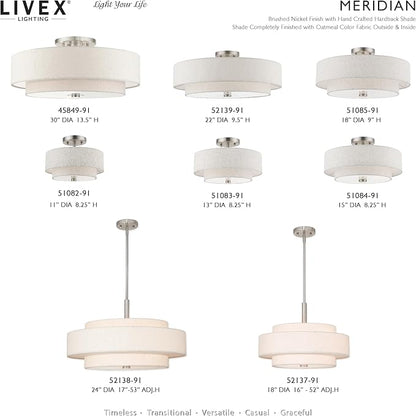 Livex Lighting Fabric Shade 52138-91 Meridian 5 Light Brushed Nickel Pendant